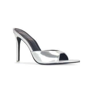 Black Suede Studio Brea Mule in Silver Mirror Metallic, Size: 7.5